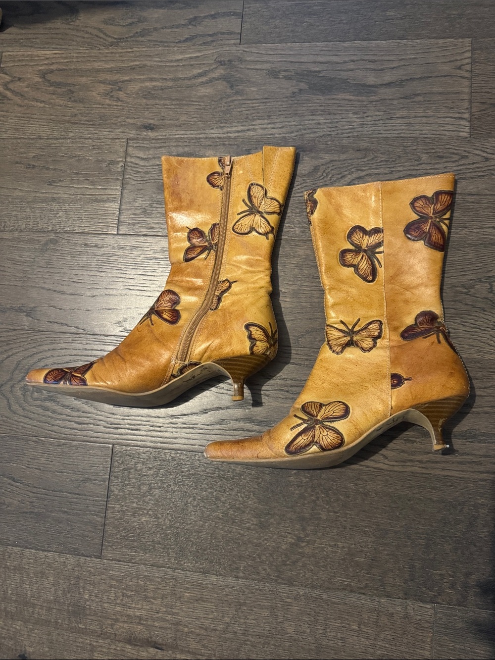 Doreis Butterfly Embroidered Tan Leather Mid-Calf Boots